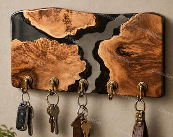 Wieszak na klucze z drewna orzechowego z żywym brzegiem i fioletową żywicą na ścianę | Wieszak na klucze z żywicy epoksydowej | Rustykalny organizer do przedpokoju | Nowoczesny wieszak ścienny |