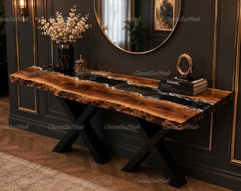 Mesa de console com acabamento em nogueira natural e resina epóxi | Aparador rústico moderno para hall de entrada