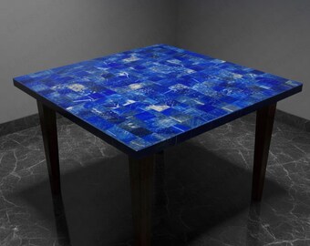 Tablero de mesa de mosaico de mármol y lapislázuli / Mesa de centro de comedor con incrustaciones de piedra azul cuadrada / Arte de piedra preciosa Pietra Dura hecho a mano / Tablero de mesa personalizado