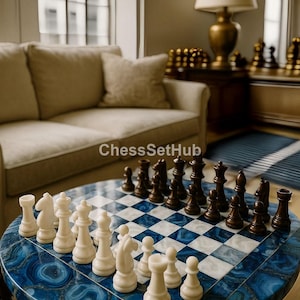 Handgefertigtes Edelstein-Schachset aus blauem Achat - Elegantes Modernes Design