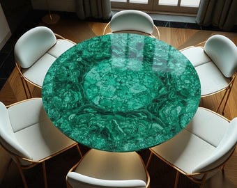Exquisite Malachite Green Round Coffee Table Top | Polished Emerald Stone Veneer | Art Deco Luxury Handmade Marble Table Top