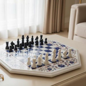Floral Inlay Marble Chess Set – Octagonal, Handcrafted Luxury Game