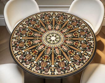 Tablero de mesa de mármol Pietra Dura hecho a mano / Incrustaciones florales de mármol negro / Mosaico de piedras preciosas semipreciosas / Mesa de comedor de lujo / Arte con incrustaciones mogoles