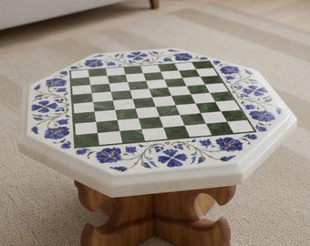 Scacchiera in marmo bianco – Piano del tavolo ottagonale con intarsi in lapislazzuli / Set di scacchi in pietra di lusso / Arte in madreperla / Decorazione regalo fatta a mano