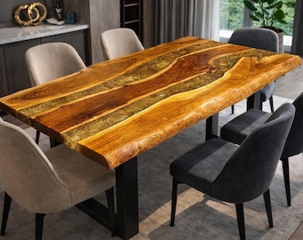 Mesa de río de resina epoxi con purpurina dorada – Mesa de comedor de madera maciza con borde natural – Muebles de arte de resina de lujo hechos a mano – Mesa moderna a medida