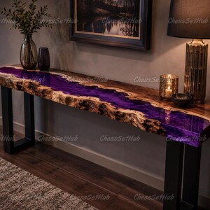 Purple Epoxy Resin River Console Table, Live Edge Walnut Entryway Table, Handmade Wood Resin Hallway Table, Luxury Modern Sofa Table