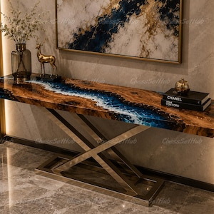 Blue Epoxy Resin River Console Table, Live Edge Wood Entryway Table, Luxury Hallway Console, Narrow River Table, Handmade Furniture