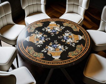 Black Marble Pietra Dura Table Top | Handmade Floral Stone Inlay Dining Table | Vintage Italian Mosaic Center Table Art | Handmade Table Art