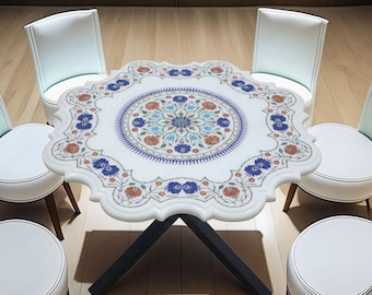 White Marble Pietra Dura Inlay Table Top | Handmade Floral Mughal Art | Round Dining Coffee Table | Taj Mahal Marble Decor | Custom Size