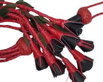 Handmade Leather Rose Flogger – Black Roses with Red Stems   ( 1 Piece )