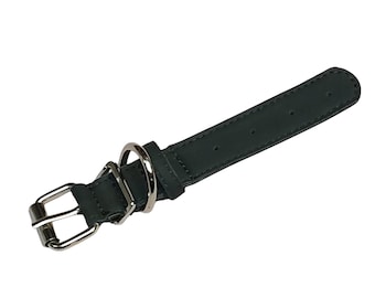 May include: A dark green dog collar with a silver-colored metal buckle and ring. The collar is made of a smooth material and has several holes for adjustment. The collar is designed for pets.