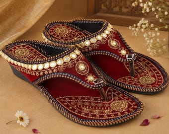 Handcrafted Maroon Embroidered Indian Jutti | Traditional Bridal Mojari | Ethnic Wedding Footwear for Women