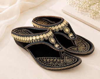 Black Gold Embroidered Wedge Sandals | Ethnic Mirror Work Slip-On Flats