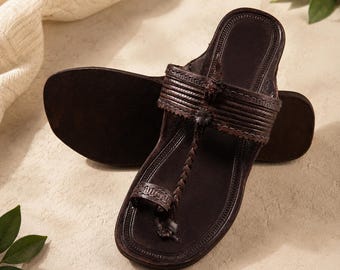 Handcrafted Leather Kolhapuri Slipper | Women's Toe Ring Sandals, Artisan Summer Flats