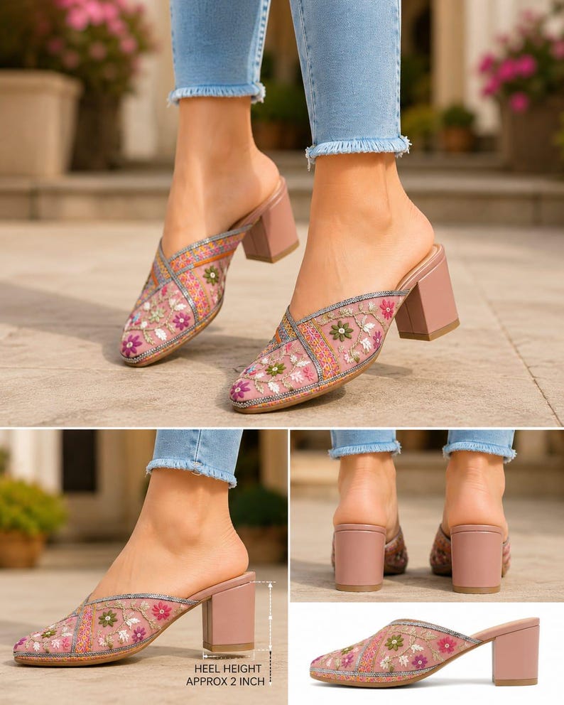 May include: Pink embroidered mule heels with a 2-inch block heel. The open-back shoes feature floral embroidery in shades of pink, green, and orange. The upper is adorned with intricate stitching and embellishments, creating a stylish and elegant design.