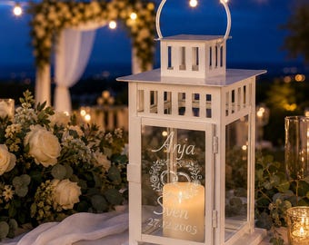 Personalisierte Hochzeitslaterne mit Namen und Datum, 16 Hochzeitsmotive, Geschenk für Brautpaar, Laterne mit Glasgravur