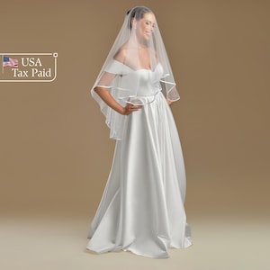 Fingertip Two Tier Satin Trim Veil - Classic Bridal Veil with Ribbon Edge