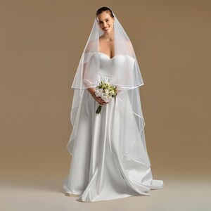 Soft Flow Satin Edge Veil - Two Layer Short Tulle Wedding Veil with Gloss Ribbon Finish, Light Movement Bridal Veil