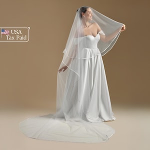 Long Satin Trim Wedding Veil - Elegant Two Tier Bridal Veil with Glossy Ribbon Edge