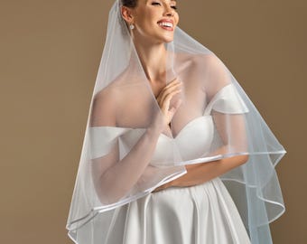 Velo da Sposa avorio in tulle doppio-strato velo òrlo tagliato chiesa