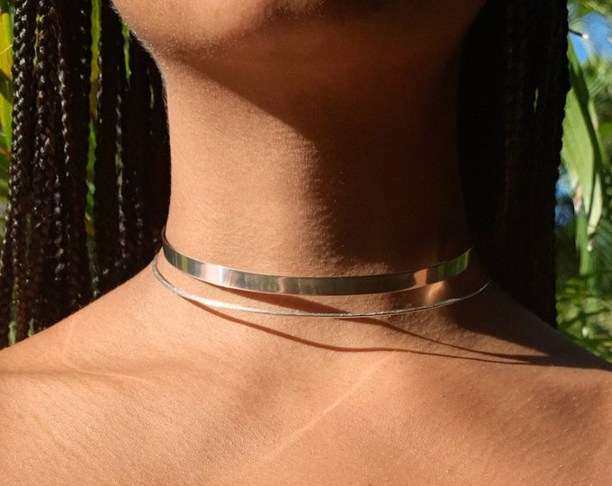 Silver Minimal Choker Set * Very Thin Metal Collar & Wire Choker * 2-Piece Combo *