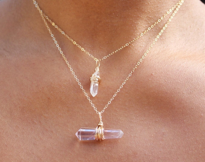 Amethyst & Quartz Point Crystal Choker Set - 2 14K Gold Necklaces w/ Wrapped Crystals