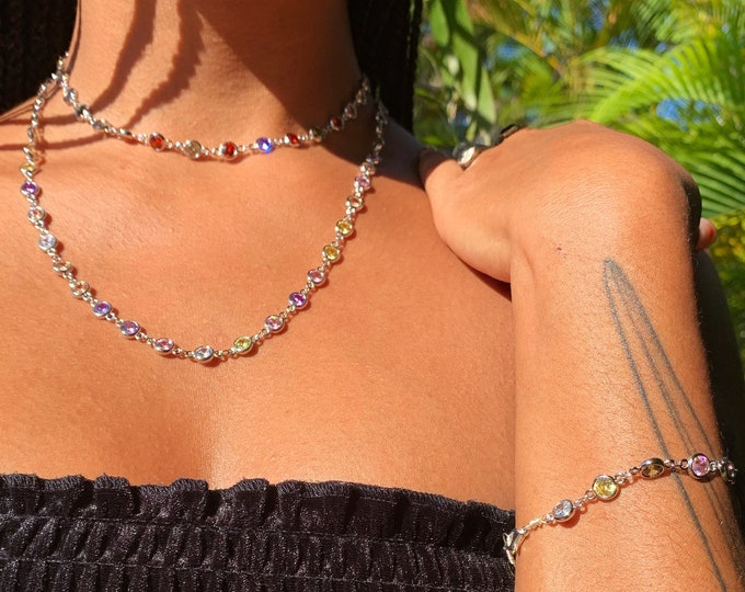 GIFT SET: Rainbow Crystal Silver Necklace & Bracelet Set * Choker and/or Long Necklace Options