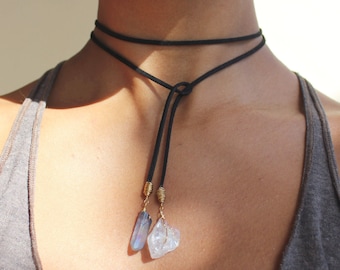 Leather & Aura Crystal Wrap Necklace (2 lengths / 2 Colors) Brown or Black Wrap w/ Peach Aura or Blue Aura Quartz