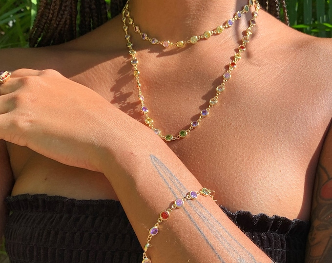 GIFT SET: Rainbow Crystal Gold Necklace & Bracelet Set * Choker and/or Long Necklace Options