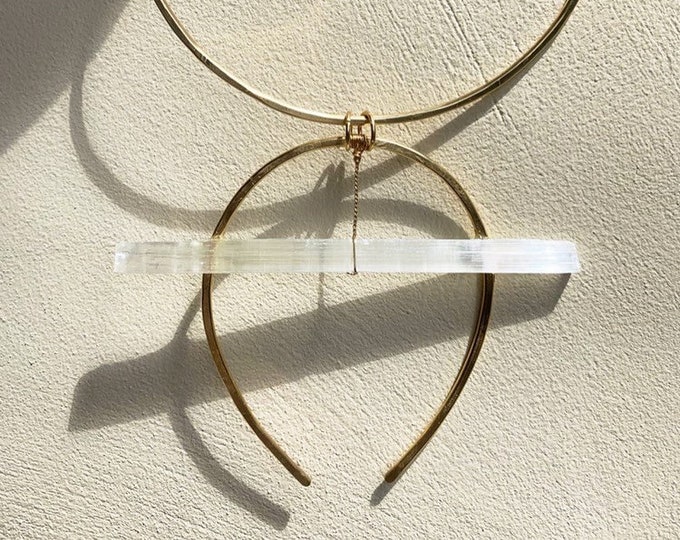 Selenite Statement Necklace *Gold Silver Rose & Brass Options *  Healing Raw Crystal Choker * Large Pendant