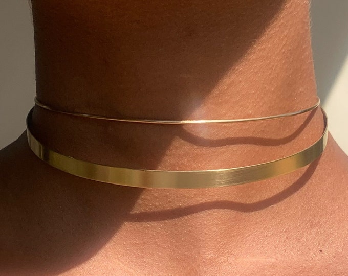 Gold Minimal Choker Set * Very Thin Metal Collar & Wire Choker * 2-Piece Combo *