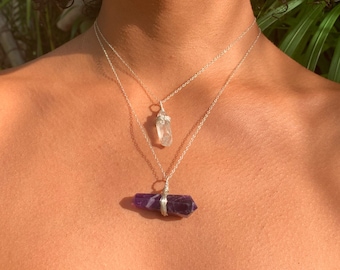 Amethyst & Quartz Point Crystal Choker Set - 2 Sterling Silver Necklaces w/ Wrapped Crystals