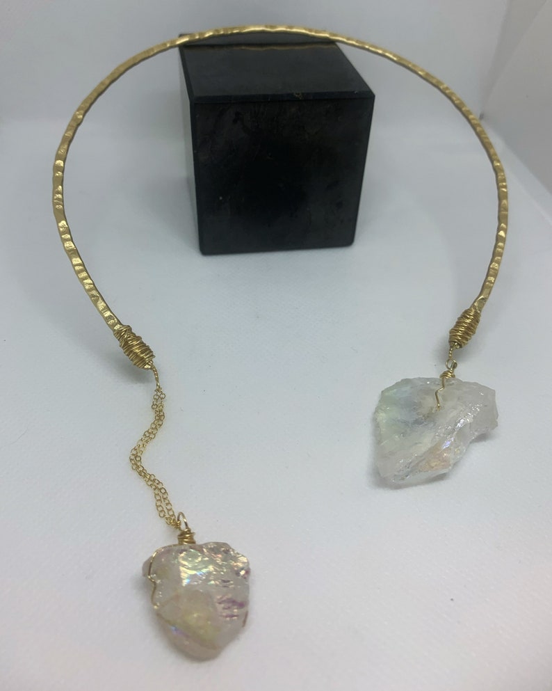 Crystal Necklace Open Collar Statement Piece Angel Aura Quartz Choker Brass w 14K Gold Chain