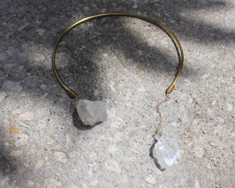 Crystal Necklace Open Collar Statement Piece Angel Aura Quartz Choker Brass w 14K Gold Chain