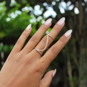 Sterling Silver Chained Double Ring: Adjustable Midi Knuckle