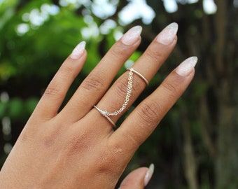 さち姫！Sterling Silver Knuckle リング Sterling Silver Chained Double Ring: Adjustable Midi Knuckle