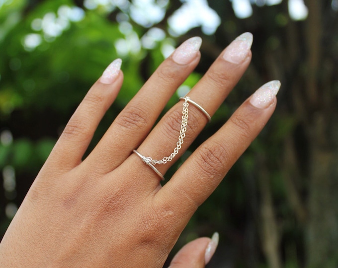 Sterling Silver Chained Double Ring * midi knuckle phalange double ring