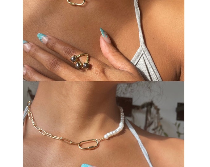 CHOKER & RING SET: Natural Pearl Necklace + Adjustable Pearl Ring * Creamy White + Oil Slick Black Options