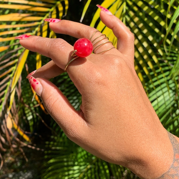 Cherry Quartz & Brass Cocktail Ring