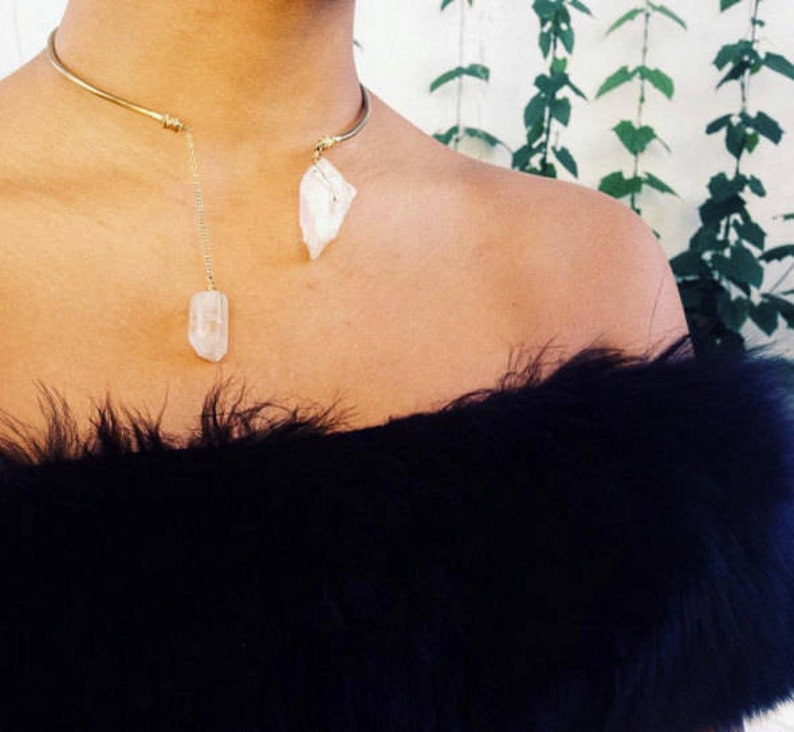 Crystal Necklace Open Collar Statement Piece Angel Aura Quartz Choker Brass w 14K Gold Chain
