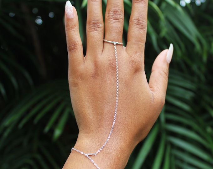 Silver Hand Chain & Ring Bracelet (Delicate Chain, Adjustable Ring)