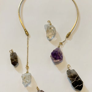 INTERCHANGEABLE Crystal Open Choker w/ Brass & 14k Gold Fill Quartz Amethyst Smoky Quartz image 1