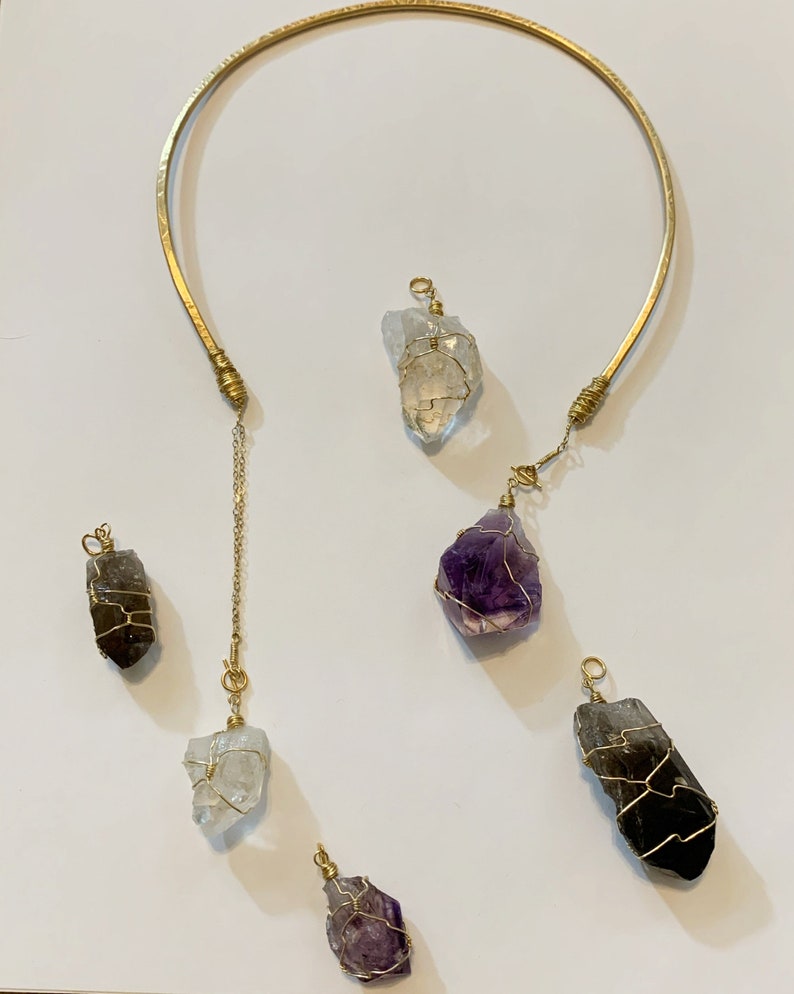 INTERCHANGEABLE Crystal Open Choker w/ Brass & 14k Gold Fill Quartz Amethyst Smoky Quartz image 1