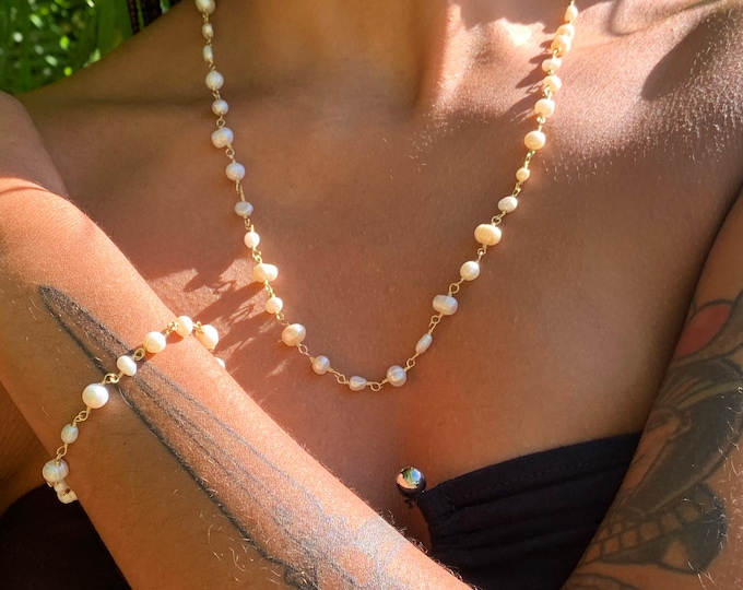 GIFT SET: Modern String of Natural Pearls Necklace & Bracelet* Gold, Silver, Rose Gold or Brass * Long or Short Lengths