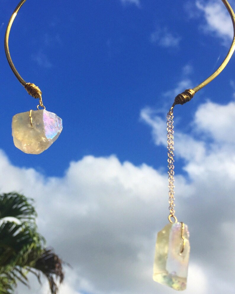 Crystal Necklace Open Collar Statement Piece Angel Aura Quartz Choker Brass w 14K Gold Chain