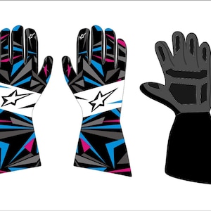 May include: A pair of racing gloves featuring a black, blue, grey, and magenta geometric pattern with a white horizontal stripe and a star logo. A third glove is shown from the palm side, displaying a solid black palm with grey padding.
