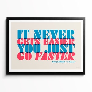 Puede incluir: Una cita motivacional en un marco negro con fondo crema. La cita dice "It never gets easier, you just go faster." La cita se atribuye a Greg LeMond, "Le Monster."