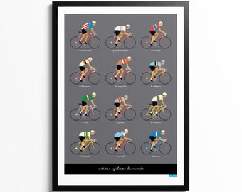 Cycle Poster, Cyclists of the World, National Cycling Team Jerseys, Gift for Cyclist