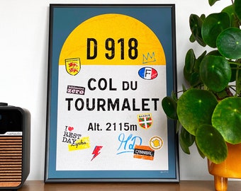 Personalised Cycling Road Sign Poster, Col du Tourmalet, Cycling Art Print, Kilometre Marker, Gift for Cyclist