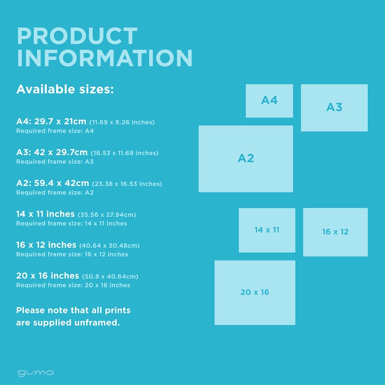 Op de afbeelding: Een lichtblauw informatieoverzicht met de titel PRODUCT INFORMATION met beschikbare afdrukformaten: A4 (29,7 x 21 cm), A3 (42 x 29,7 cm), A2 (59,4 x 42 cm), 14 x 11 inch, 16 x 12 inch en 20 x 16 inch, zonder lijst geleverd.